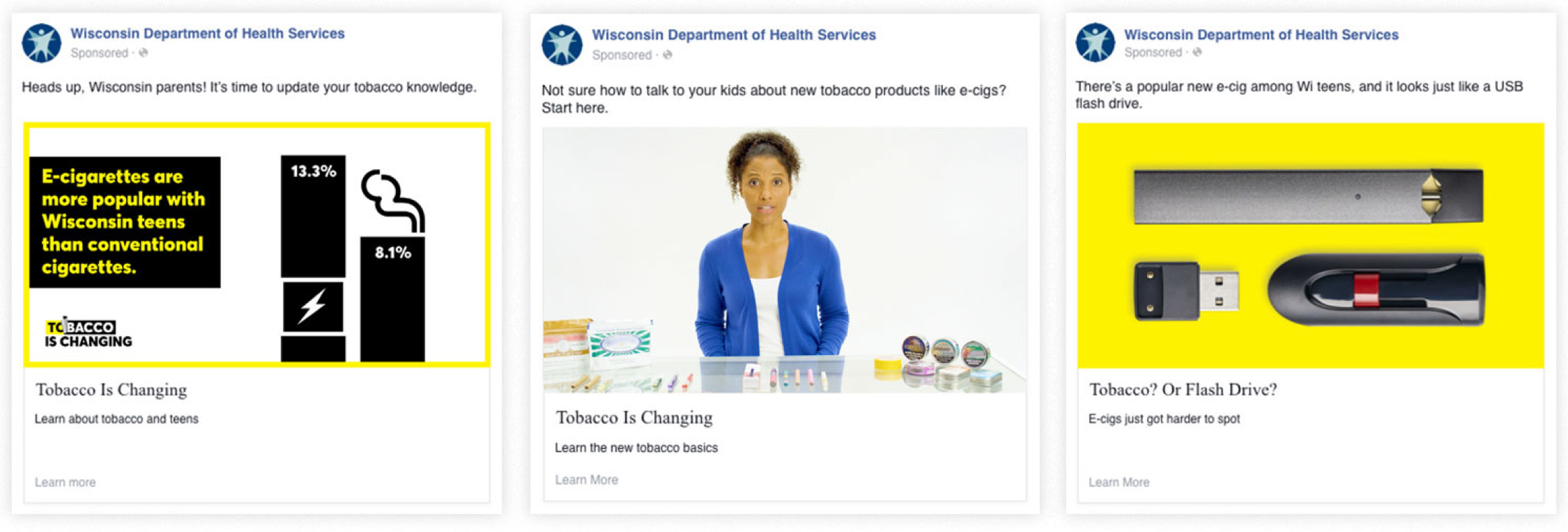 Three facebook posts side by side communicating changes in tabacco use